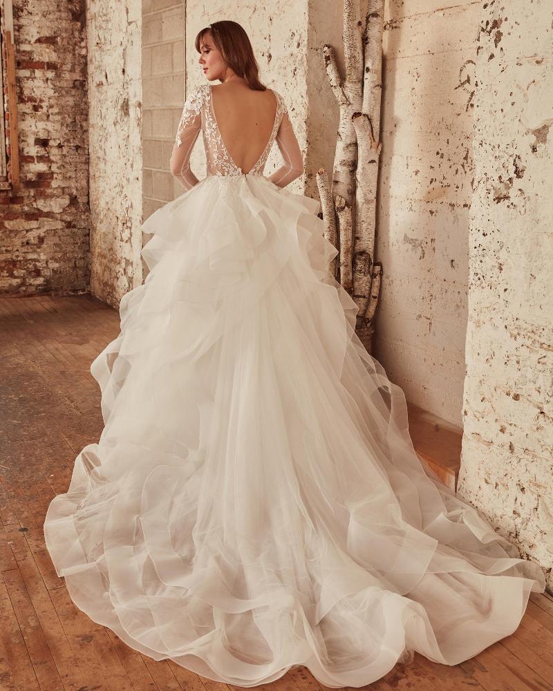 La21221 long sleeve ball gown wedding dress with lace and layered tulle2